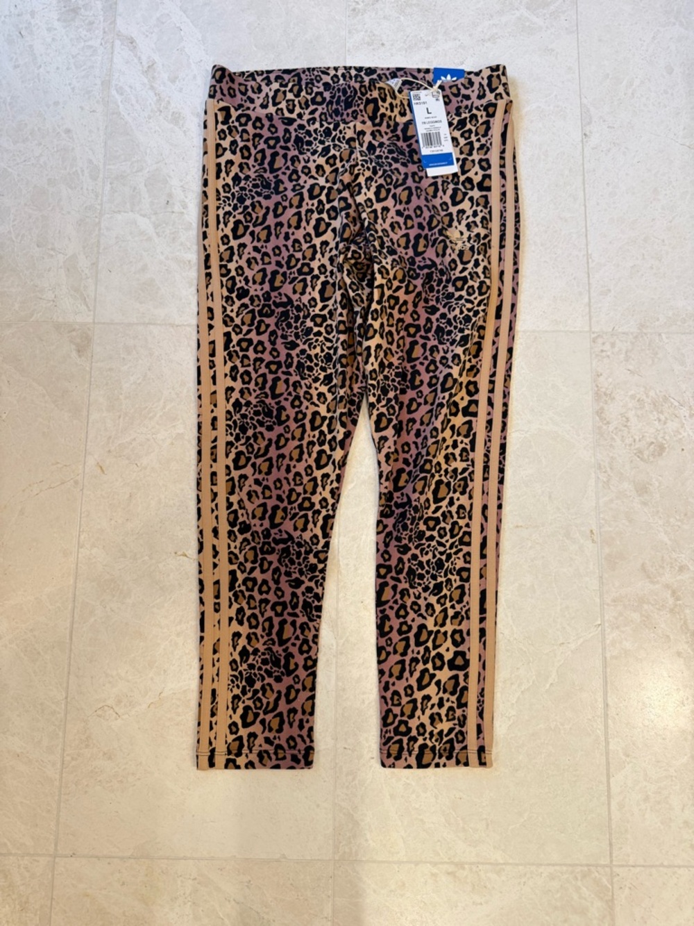adidas Brown Leopard-Print Leggings with Tan Side Stripes
